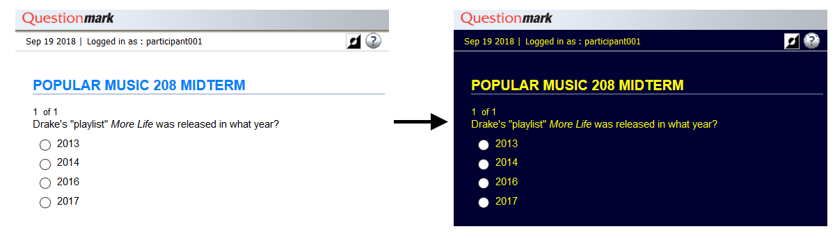 Screenshot showing the difference, when taking an assessment, between the regular and high contrast option.