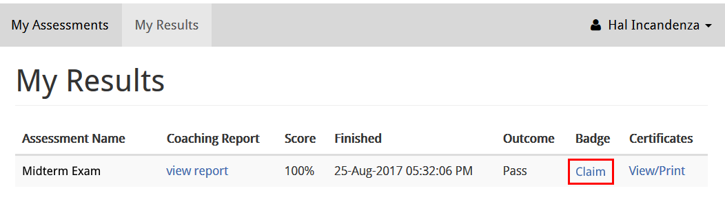 Screenshot of the My Results screen with the Claim button highlighted.