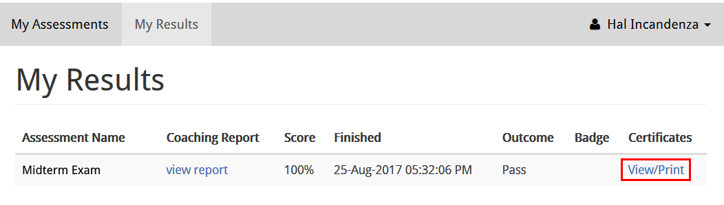 Screenshot of the My Results screen with the View/Print button highlighted.
