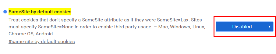 Screenshot of the Same site by default cookies option with the Disabled button highlighted.